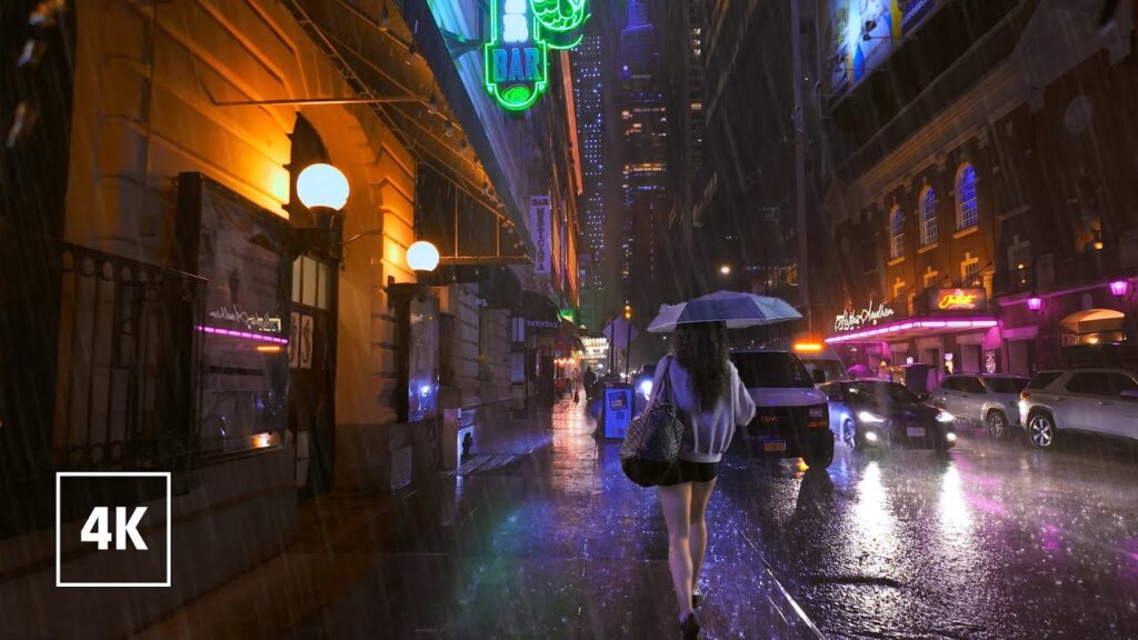 Walking in Heavy Thunderstorm at Night in NEW YORK (Umbrella Binaural 3D Rain Sounds)
